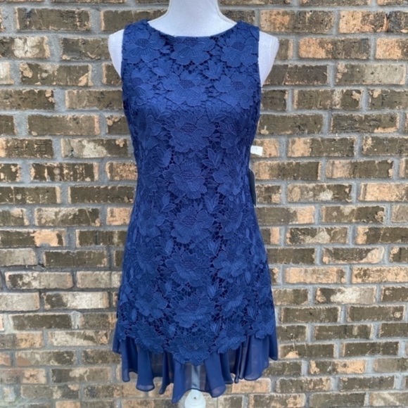 NEW Eliza J Blue Crochet Floral Overlay Dress - Size 4 - Special Occasions - Picture 1 of 7